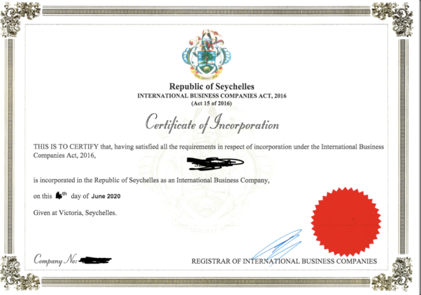 Certificate of Incorporation of Seychelle offshore IBC